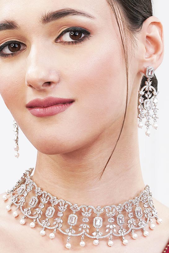 Sterling silver jewelry set with baby pink stones featuring hanging pearls - Image 3